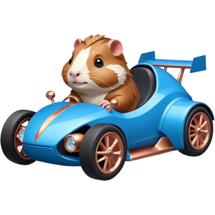 dark crystal blue and rosegold-accented cyber truck-faceted-body electric racing car driven by a small cute but fearless Guinea pig with rear spoiler, roll bar, and wheely bar emoji