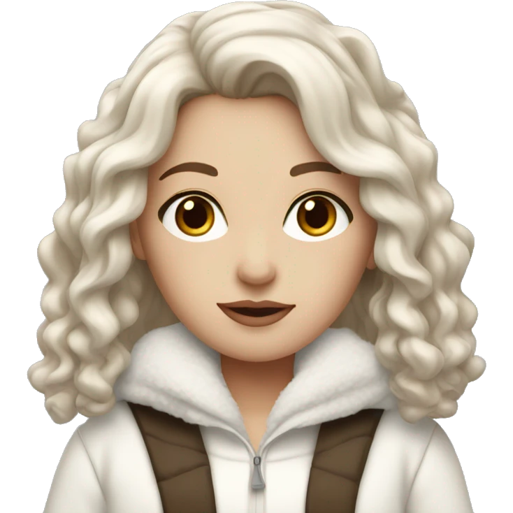 white girl with wavy brown hair and black eyes wearing a white and brown winter outfit emoji