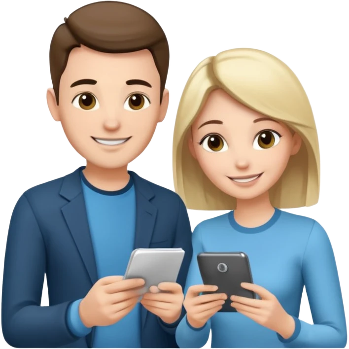 casually dressed stylish  looking husband and wife avatars reviewing their finances together  emoji