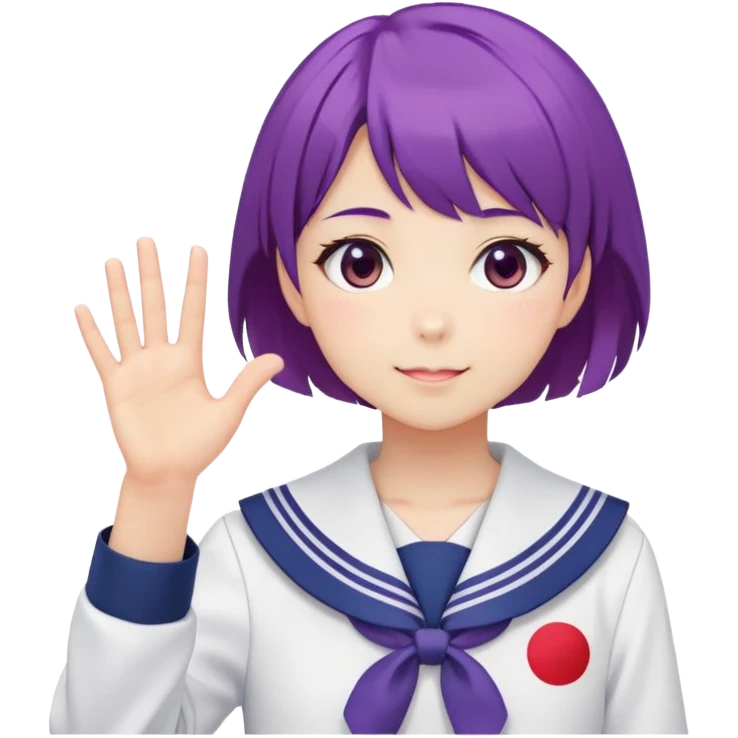 Anime girl with short bright purple hair wearing Japanese sailor style school uniform, composed posture with hand on hip but shyly waving with other hand, blushing face and timid smile emoji