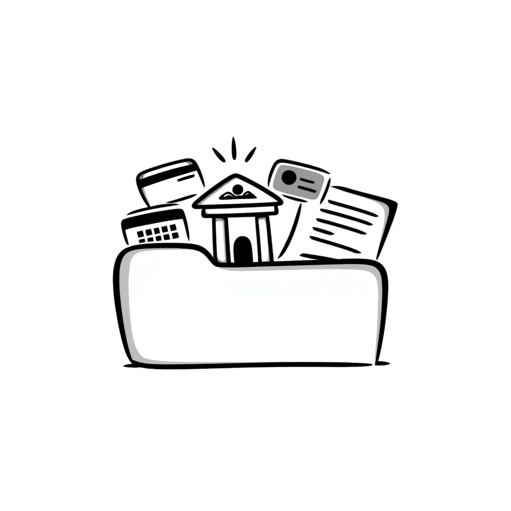 Closed folder icon with small symbols floating around: bank building, credit card, calculator, and document – organized financial archive emoji