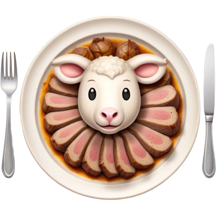 Roast Lamb Cinematic Realistic Roast Lamb Dish Emoji, depicted as thinly sliced roast lamb arranged artfully on a plate, rendered with rich textures and warm, inviting lighting. emoji
