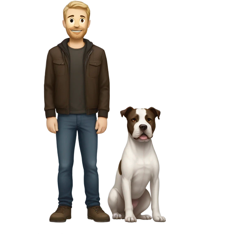 white male with dark brown hair and a lightly scruffy beard shadow standing alongside a white pitbull emoji
