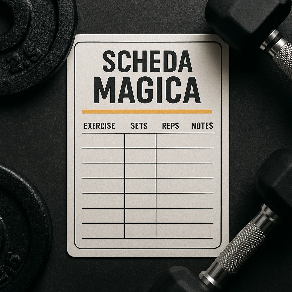 realistic gym workout plan card with the text 'scheda magica', color accents, details like weights or dumbbells, motivational look emoji