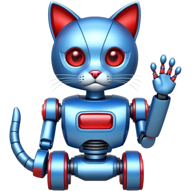 generate robot cat, glossy, realstic, red and blue color, write on tag LMX emoji