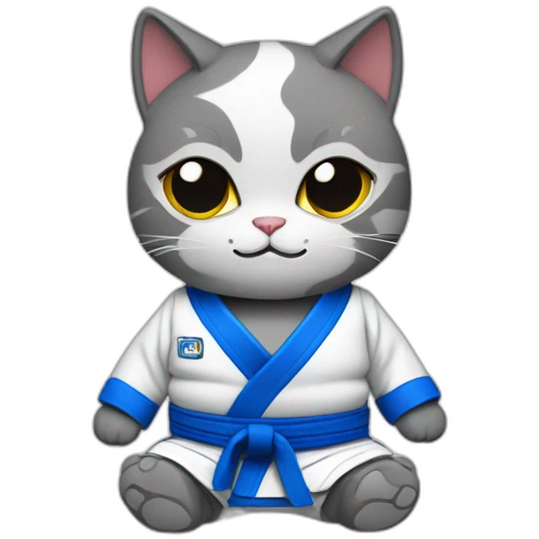 Adult cat wearing a blue Jiu-Jitsu gi with a grey belt emoji
