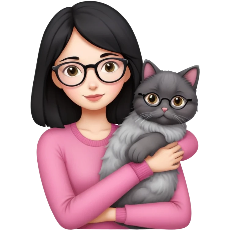 Beautiful skinny woman medium black hair with oval glasses in pink outfit hug persian-angora grey cat emoji