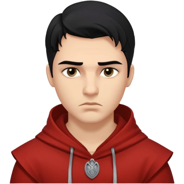 A handsome man with fair complexion. masculine, roman, slightly crooked nose. Thick triangular eyebrows. Hooded eyes and black pupils.  pouty lips with a heavy top lid.  thick black hair  80/20 part with an undercut.  emoji