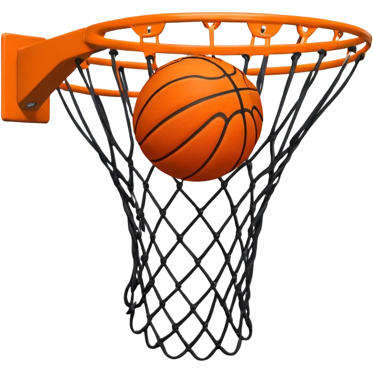 A close-up of a basketball shield and hoop with the ball swishing through the net, captured mid-air. The background emphasizes the tension and excitement of the moment, with the rim and net in sharp focus, showcasing the precision and skill of the sport. emoji