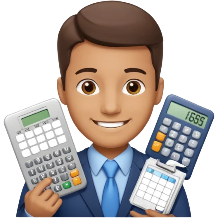emoji, of a male AUDITOR smiling with Finance spreadsheet , a calculator,plus ADD A puzzle and a Balance for accounting. emoji
