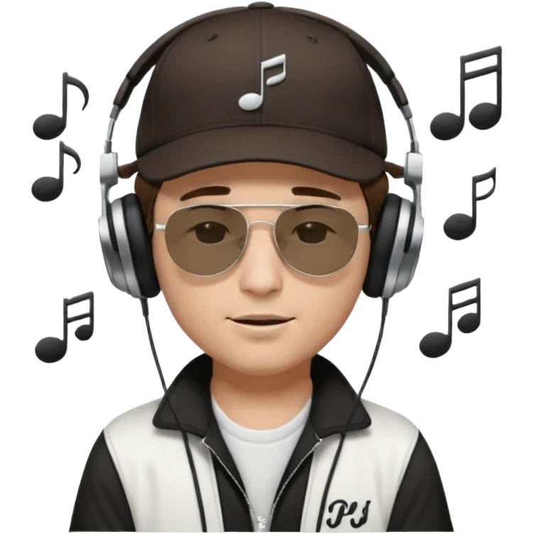 emojis.com dj-man-white-with-baseball-cap---rayban-sun-glasses-80s---brown-hair---closed-eyes-with-headphones-on-with-musical-note-over-head-(listening-to-music-)---eyes-closed-no-glasses---black-hat--musical-notes emoji