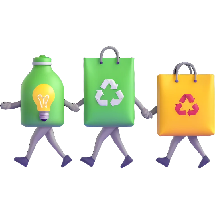 a lightbulb and a battery holding hands, carrying recycling bags, walking toward a recycling bin emoji