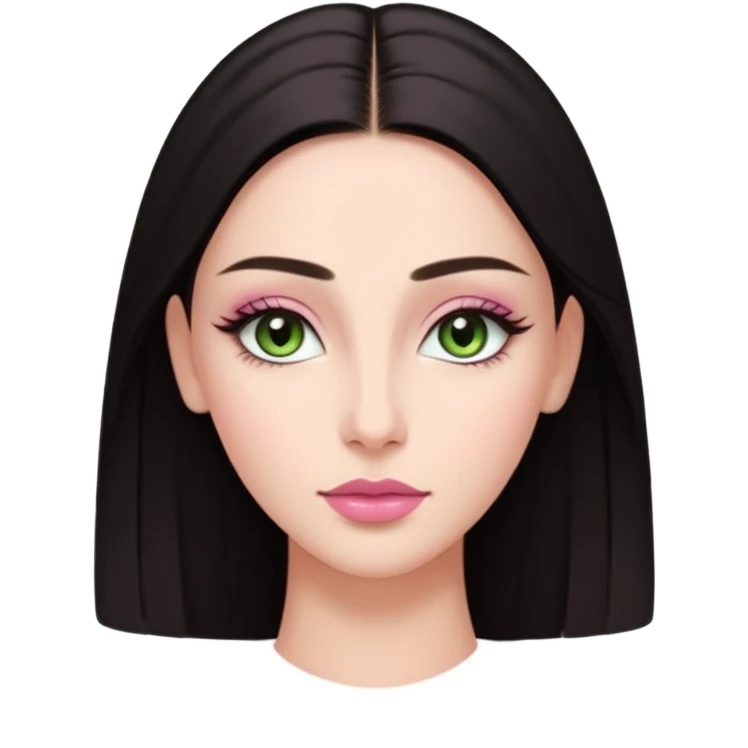 Front-facing portrait of a young woman with fair glowing skin, symmetrical features, light green almond-shaped eyes, long lashes, soft arched brows, straight refined nose, and full natural pink lips. Dark sleek hair pulled back with a middle part.  emoji