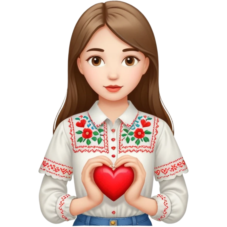 Beautiful young girl in a white Ukrainian embroidered shirt holds a large embroidered heart in her hands emoji