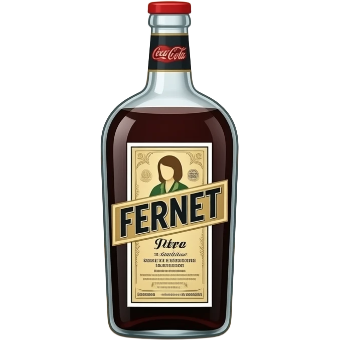Hace un emoji de fernet la botella y cocapero que diga fernet en un bai con coca emoji