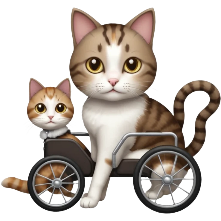full body small short hair dark brown and white cat with hazel eyes walking in a wheelchair for cats emoji