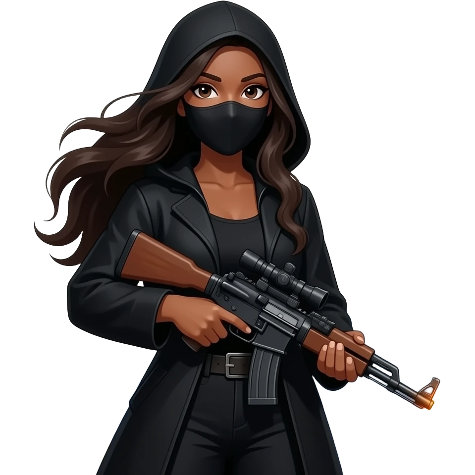 Muejer de tés morena vestida de negro y encapuchada de la cara y pasa montañas con el pelo largo con un rifle con fuego solo se vea de hombros para arriba emoji