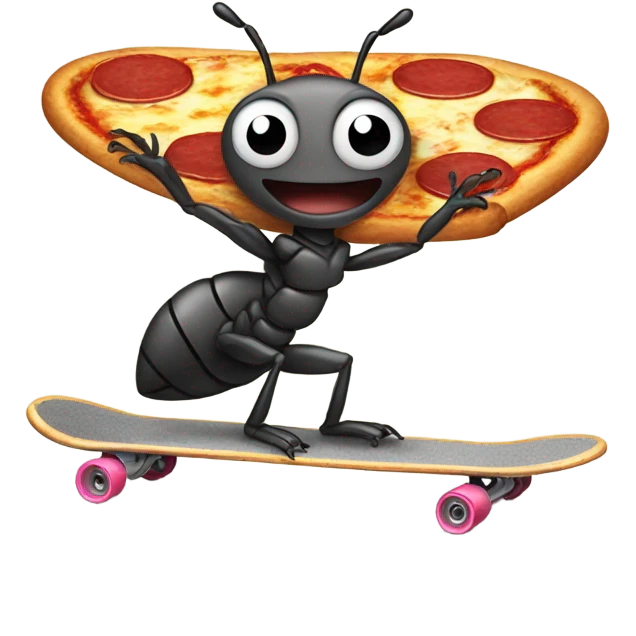 ant riding a skateboard eating a pizza emoji