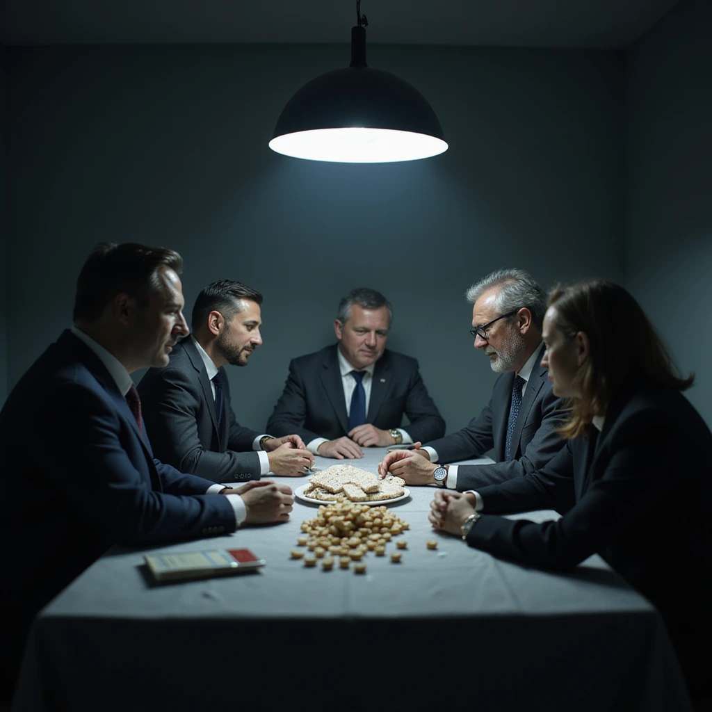 secret meeting in a pharmaceutical company: executives around a table with sugar, sweets and boxes of drugs, dark and strategic atmosphere, low lights, realistic details, 4K quality emoji