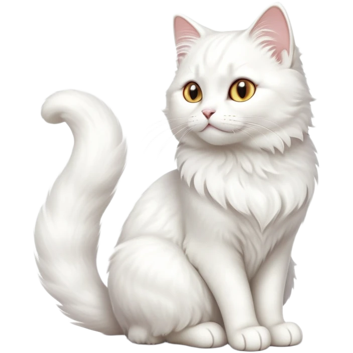 cinematic-[white cat]-realistic-full-body-sitting-emoji,-tail-curled-playfully-around-its-paws,-head-tilted-dramatically,-fluffy-[white]-fur,-simplified-yet-realistic-focused-features,-highly-detailed,-glowing-with-an-almost-sarcastic-glow emoji