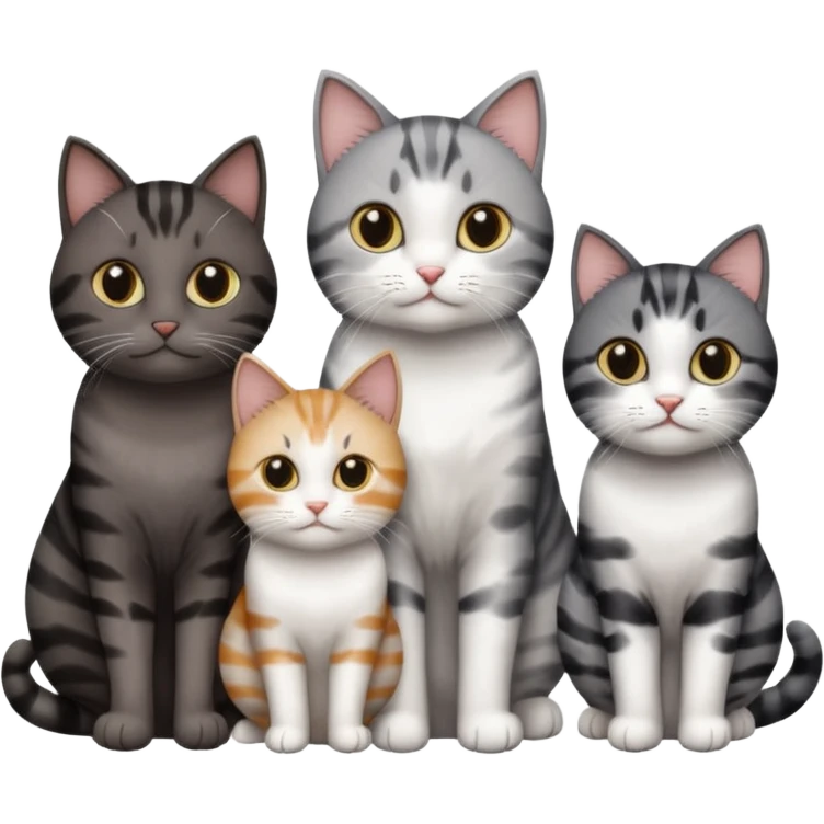 3 different coloured short haired cats including; a dark brown tabby and white cat, and a dark grey and white  emoji
