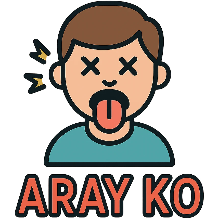 a guy with his tongue out and the words 'aray ko' in color outline icon style emoji