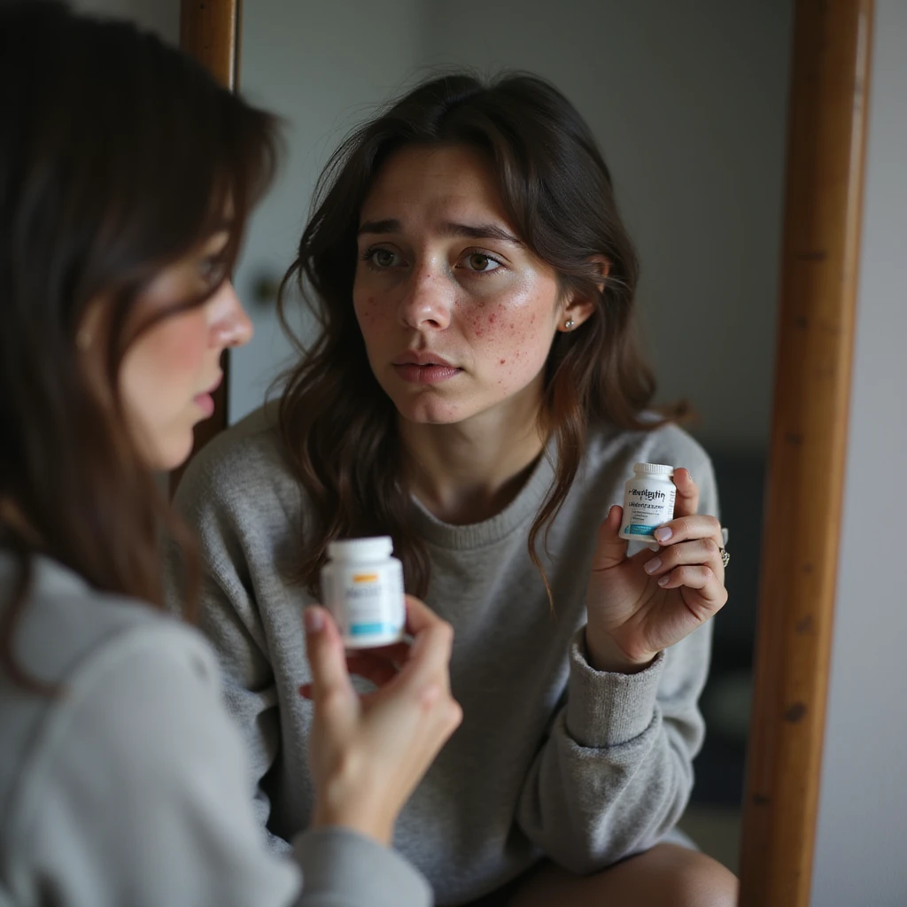 hyperrealistic 4K vertical 9:16 woman sitting in front of a mirror, holding Metformin in hand, looking at her face still marked by acne and hairiness, discouraged expression, domestic environment emoji
