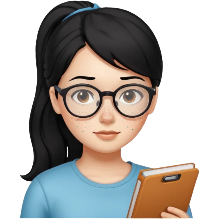 안경 쓰고있는 검은색 머리 한쪽만 포니테일하고 잇는 여자애를 그려줘 주근깨도 좀더 못생기게 emoji