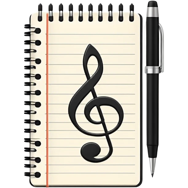 Minimalistic flat vector icon, iOS style, thin black contour on white background. Small notebook with a musical note on the cover, a pen placed next to it. Clean, modern, no text, no shadows. emoji