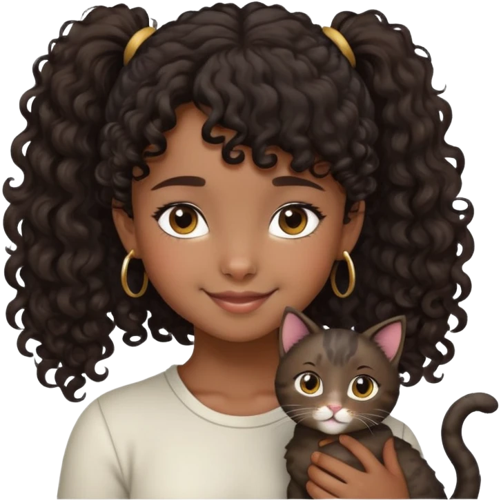 niña con el pelo oscuro, piel oscura, pelo rizado con una cola y flequillo rizado, sonrisa vergonzosa y con un gato  emoji
