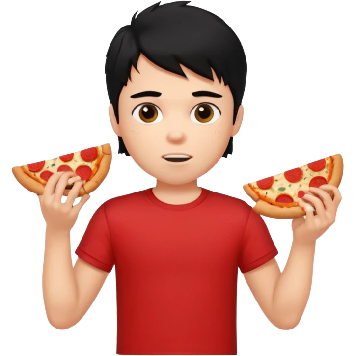 generate a pretty fair bratz boy with a messy mullet (black hair), wearing a red tshirt. eating pizza. He has big biceps emoji