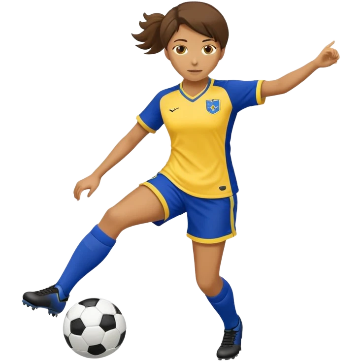 Female soccer player kicking a soccer ball with a royal blue kit with yellow trim on shoulder and shorts emoji