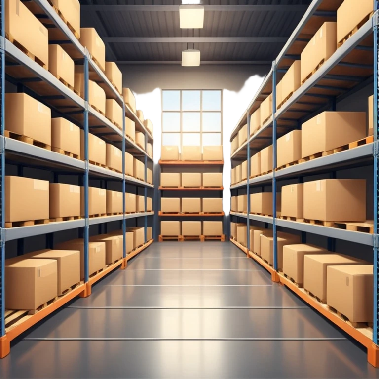 Modern warehouse interior, ultra-realistic, 4K, industrial shelves with boxes and pallets, soft lighting, realistic shadows, sharp focus, cinematic depth of field, professional photography. emoji