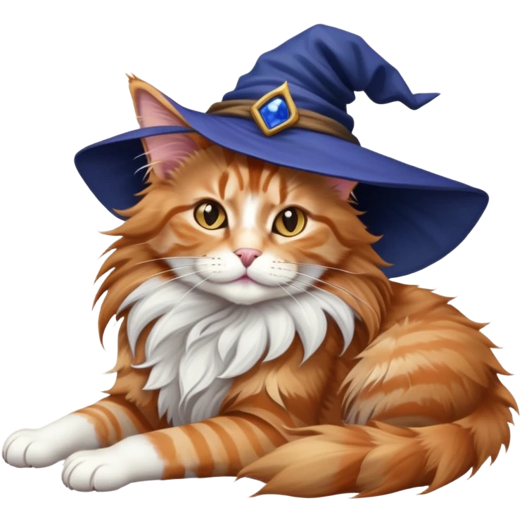 full body Maine coon ginger tabby cat flopped over on her back wearing an indigo witch hat emoji