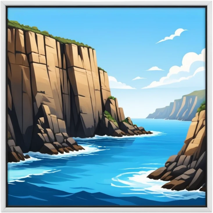 The background features rugged cliffs, clear blue water, and a bright sky, emphasizing the excitement and danger of the sport with a sense of freedom and adventure. emoji
