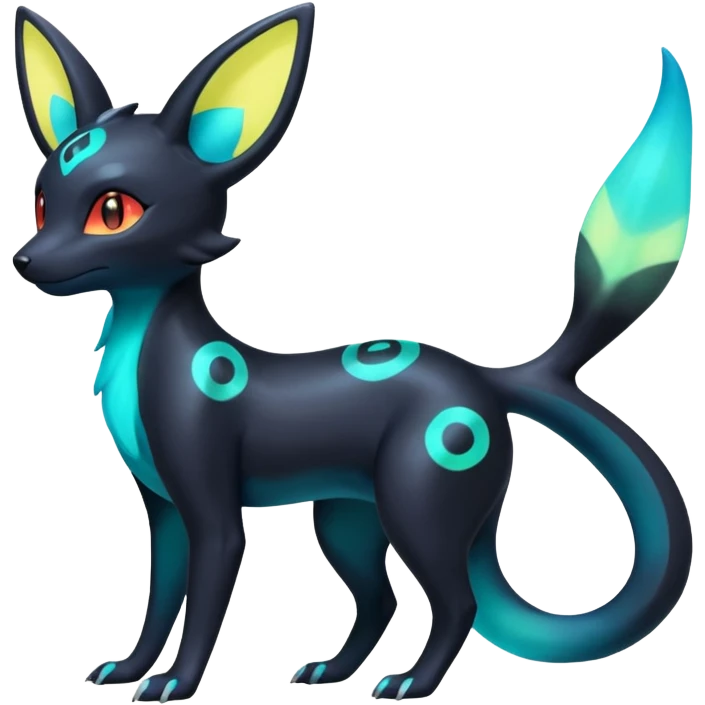 Shiny Aural Iridescent Fluorescent Bioluminescent Umbreon-Amaura-Salandit-Torracat-Fakémon-fusion (full body) emoji