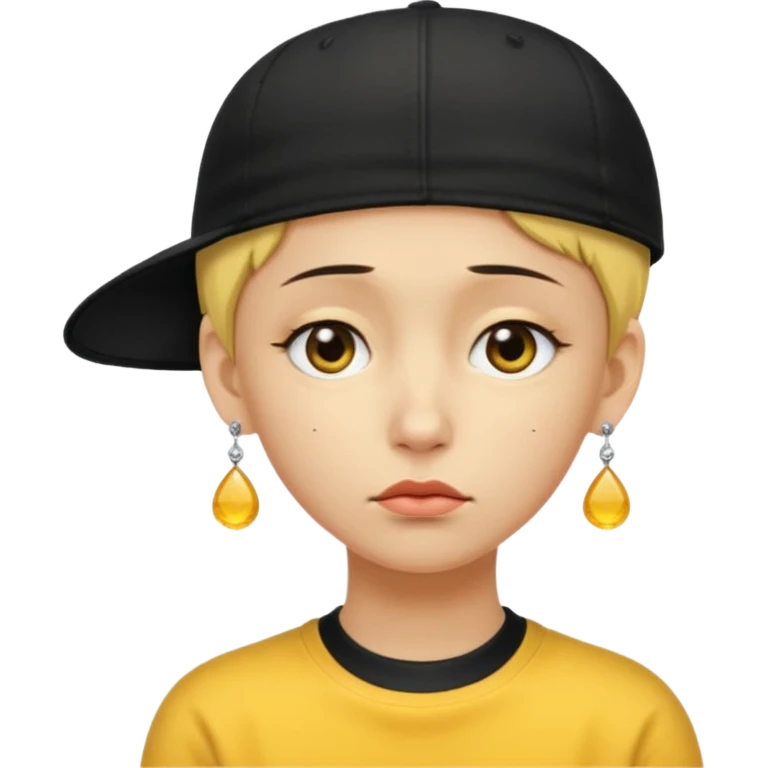 Create me an emoji like that, sad, with earrings, a black cap backwards, yellow skin like an emoji, and short hair down to the nape of my neck. emoji