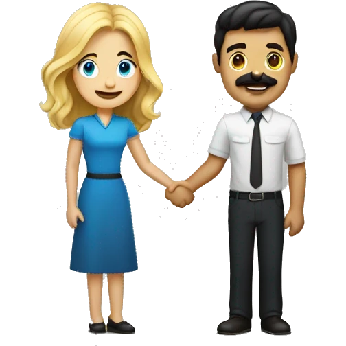 blond blue eyed woman shaking hands with dark hair dark eyed man with mustache emoji