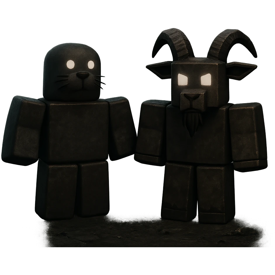 A seal and a goat designed as stylized Roblox characters in the dark and mysterious atmosphere of the popular Roblox game 'Forsaken', with a gloomy and eerie environment, blocky and stylized game characters, dark map background emoji