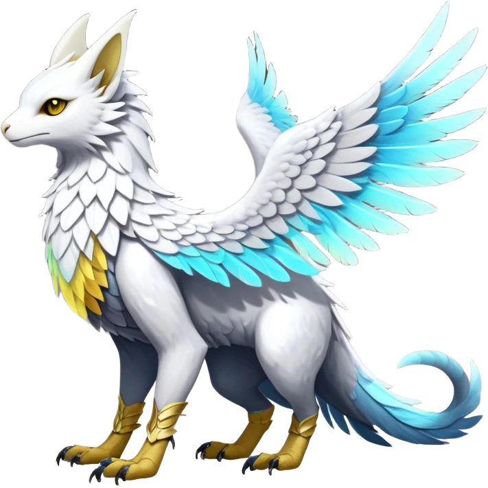 White Iridescent Colorful Exotic White, Gold, Yellow, Silver, Beaked Feathery Nocturnal Neon-glowing Abyssal Lightly Heaven-Cat-Gryphon-Salandit-Nargacuga-Silvally-Vernid-Sergal-Fakémon-Hybrid-Creature (full body) emoji