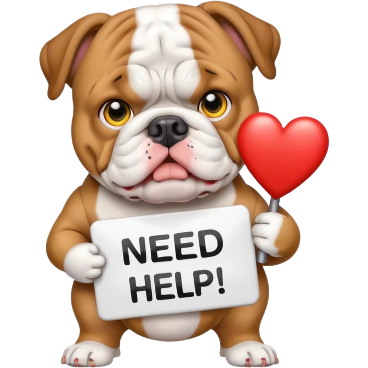 English bulldog holding a 'need help' sign, emoji style emoji