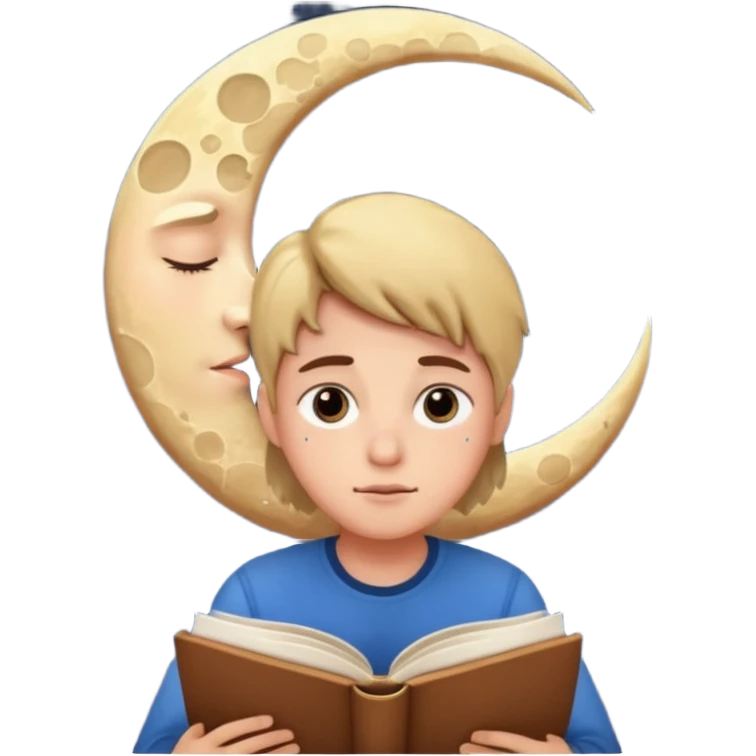 a tired person infront of a book learning with moon and stars behind emoji