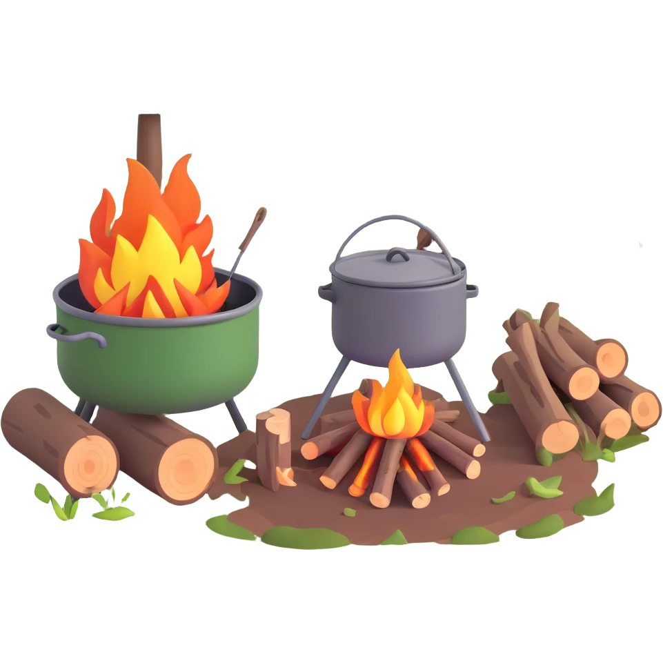 bushcraft campfire with cooking pot, wood logs, forest setting emoji