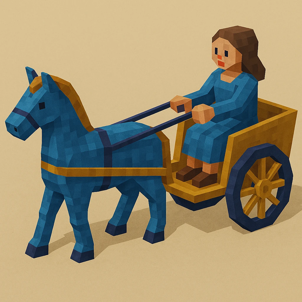 Isometric horse and cart with color variation: blue and gold, keep original style low poly 3d. emoji