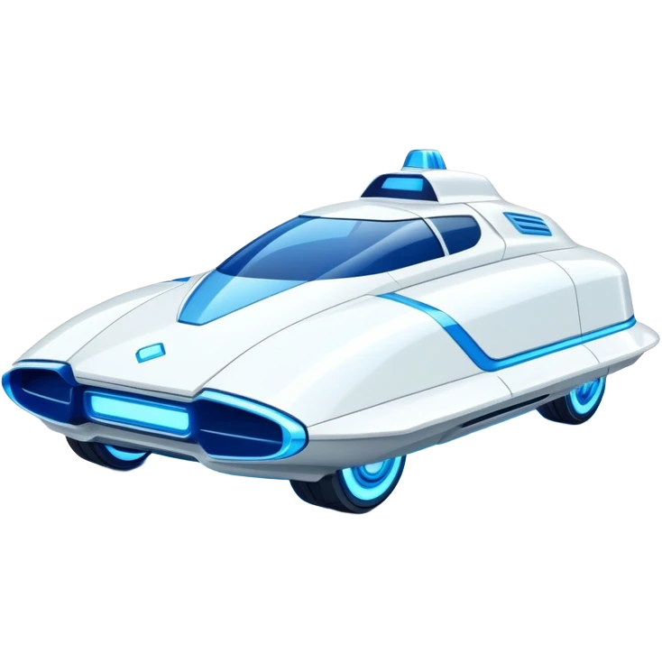 Futuristic retro hover car with angular design and glowing blue wheels, flat vector style, minimal color palette with blue highlights emoji
