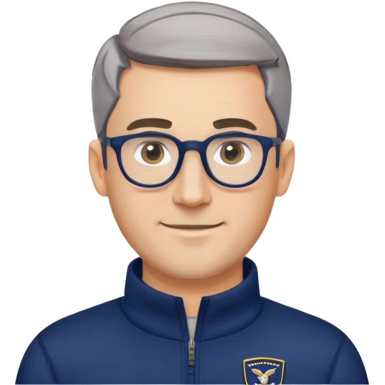 Caucasian man with oval face, hair cut extremely short and tight to head (military style), short beard with gray streaks, large black eyeglasses, cheerful expression, wide body type, navy blue long sleeve sweatshirt with quarter zip emoji