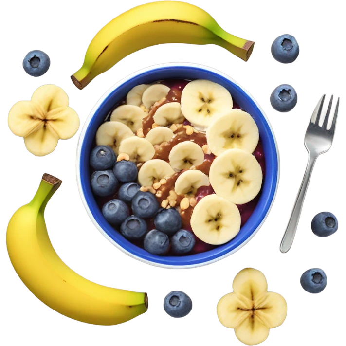Açai Bowl with banana and peanut sauce and blueberies in clean girl style  emoji