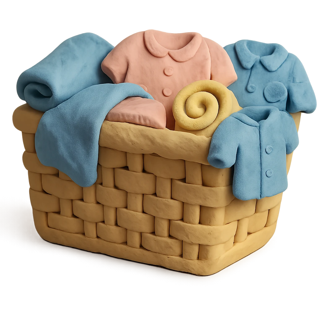 laundry basket with towels and shirts peeking out, pastel colors, claymation style emoji