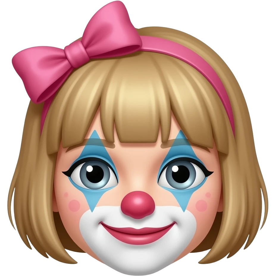 Short, brown/blonde hair, clown freckles, pink bow grey eyes emoji