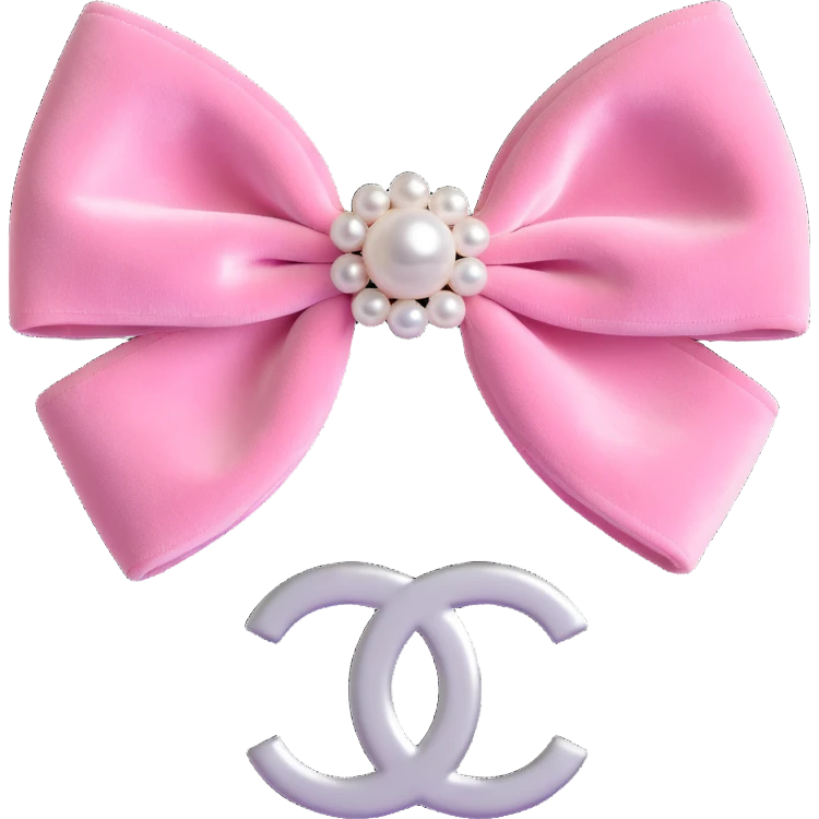 Change the double-layered velvet bow to pink, keep pearls and silver Chanel logo, elegant, glossy, black and white, 3D emoji style, with no background emoji